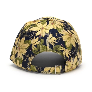 Close-up of floral baseball cap back with silver metal buckle and adjustable strap