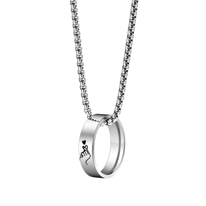Detail view of a silver heart gesture pendant on a sturdy box chain necklace