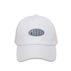Detail of white cotton baseball cap with MYOB green embroidered logo and stitched brim