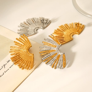Detailed view of radial fan-shaped earrings in gold and silver stainless steel finishes