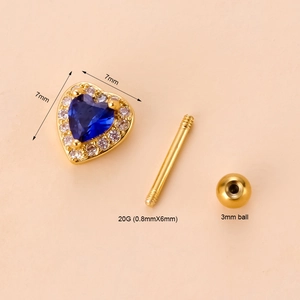 Blue heart zircon cartilage stud earring with stainless steel screw ball back