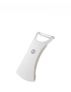 Close-up of Imakara white ergonomic handle and high-quality metal blade of fruit peeler