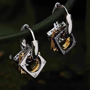 Geometric Square Hoop Earrings Alloy With Copper Earring Post Three Color Pendants Cool Industrial Style Jewelry