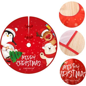 Red Christmas tree skirt with festive Merry Christmas print and reinforced edge detail