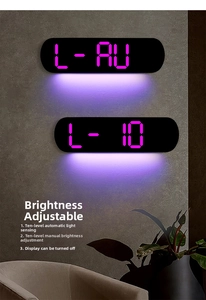 Detail of LED digital clock with 10-level adjustable brightness on modern gray wall