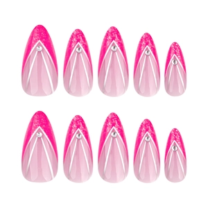French V-shaped pink gradient press-on nails with glitter and rhinestones almond shape