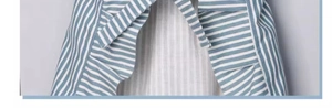 Detailed close-up of blue and white striped waterproof apron fabric with lace trim