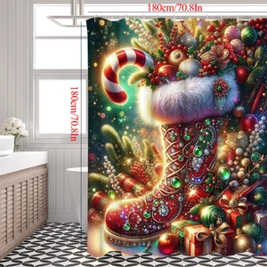 Rideau de douche de Noël détaillé avec motif de botte rouge et dimensions 180x180cm