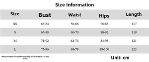 Size chart table with bust, waist and hips measurements for the lace maxi dress