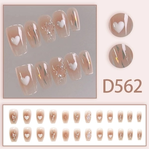 Pink gradient press-on nails with 3D hearts, pearls, and iridescent foil, 24pcs coffin set