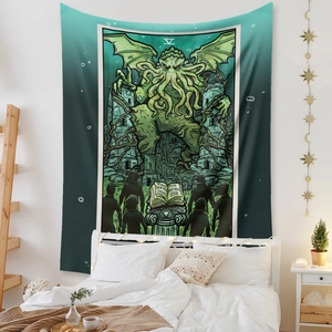 Detail of Cthulhu tarot tapestry with green mythological patterns in a cozy bedroom setting