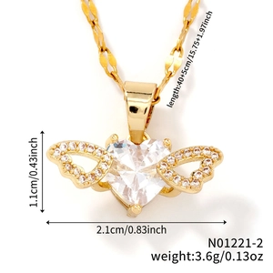 Detail view of gold heart wing pendant necklace with precise dimensions 2.1x1.1cm