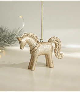 Detail of champagne gold glitter pony ornament with hanging loop for Christmas tree decor