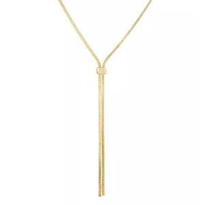 Elegant gold adjustable lariat necklace with a sleek snake chain and square slider bead