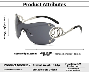 Technical drawing of oversized rimless sunglasses showing frame dimensions and snake decor
