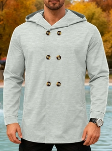 Detailed view of grey hooded double-breasted coat with textured twill fabric and button detail