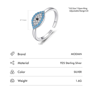 Adjustable S925 sterling silver evil eye ring with blue turquoise and cubic zirconia