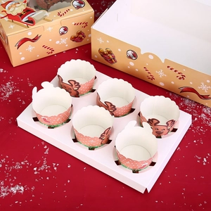 Christmas cupcake box with 6 slots and window featuring Santa and reindeer prints