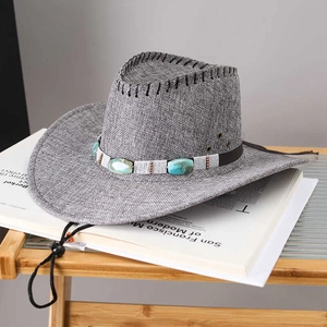 Vintage dark gray woven cowboy hat with bohemian turquoise beads and chin strap