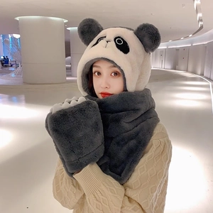 Plush panda 3-in-1 hat scarf and gloves set in soft grey-white fleece for winter warmth