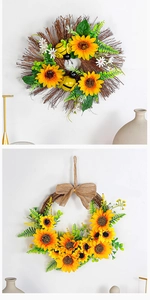 Detailed comparison of sunflower wreaths with bee decor and rustic burlap bow accents