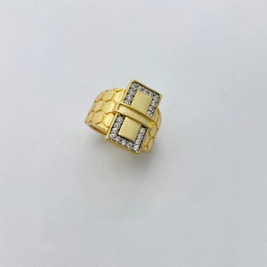 Gold-plated wide band ring with buckle design, pave-set cubic zirconia and honeycomb texture