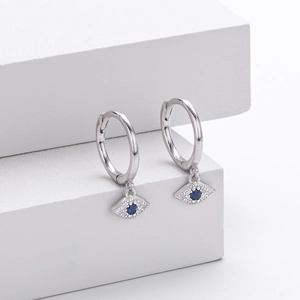 Elegant S925 sterling silver evil eye hoop earrings with blue stones and crystals