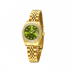 Women's gold watch with green dial, diamond-set bezel, and date display on white background