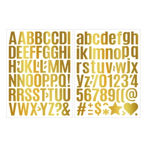 Macro detail of golden alphabet and number sticker set for DIY water bottle decoration