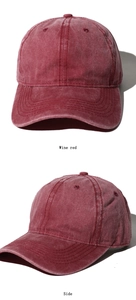 Detailed front and side views of a vintage washed wine red baseball cap with worn texture