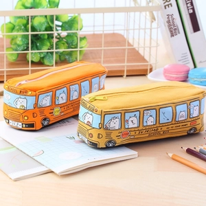 Astuccio creativo a forma di scuolabus in tela ad alta capacità con stampe di cartoni