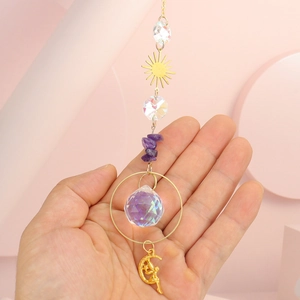 Crystal suncatcher with amethyst stones, golden sun, moon and fairy ornaments decoration