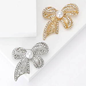 Bowknot Brooch Pin For Women Vintage Elegant Alloy Rhinestone Artificial Pearl Corsage Accessory Fashion Jewelry Gift