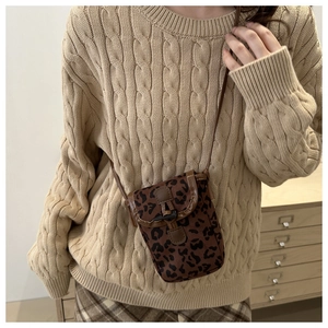 Detailed view of the leopard print crossbody bag with stylish buckle on a knit sweater