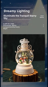 Close-up of white vintage Christmas snow globe lantern with tree and snowman inside