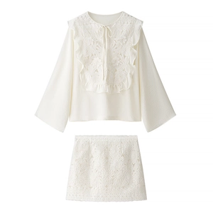Women Lace Up Floral Embroidery Shirt And Mini Skirt Polyester Ruffle Elegant White Long Sleeve Streetwear Fashion