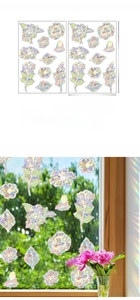 Rainbow prism suncatcher stickers with floral motifs and holographic light effects on glass