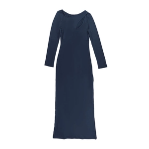 Detail of navy blue knit maxi dress featuring asymmetric cutout neckline and long sleeves