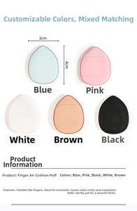 Detailed size view of 3x4cm mini finger powder puffs in multiple colors for makeup
