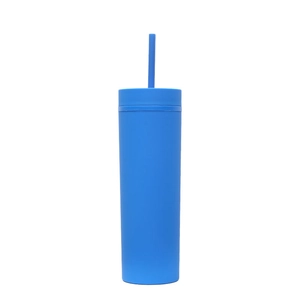 Detailed shot of the matte blue 16oz double-wall plastic tumbler with straw and flat lid
