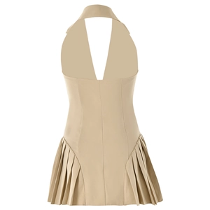 Detail of khaki halter neck dress back with deep V backless cut and side pleated hem