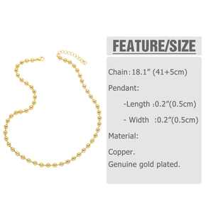 Macro detail of golden ball chain necklace showing 18.1 inch length and size parameters