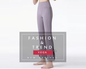 Detail of high waisted yoga pants with side slits and decorative bows in lilac
