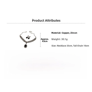 Detailed specs of vintage oval black zircon pendant necklace and earring set in copper