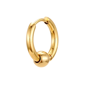 Close-up of golden stainless steel hoop earring with sphere bead and conical spike detail