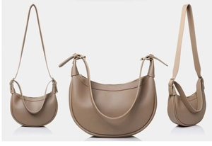 Detailed views of hobo crescent shoulder bag with adjustable strap and matte leather finish