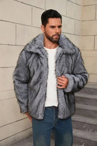 Detail of grey faux fur coat texture with lapel collar on male model in urban setting
