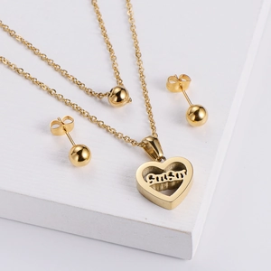 Gold stainless steel heart sister necklace and round ball stud earrings jewelry set