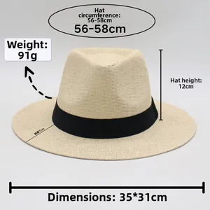 Detailed size chart of beige straw fedora hat showing 56-58cm brim and 7cm width