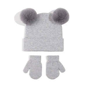Detail of light gray infant winter knit hat with twin pom-poms and matching mittens